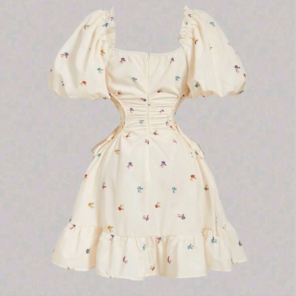 Khaki & Multicolor Floral Print Puff Sleeve Cross Tie Dress, Cute, Boho Style - Picture 4 of 4